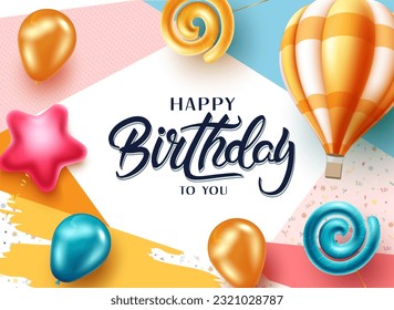 Birthday greeting vector background design. Happy birthday text with colorful balloon elements in abstract paper cut decoration for birth day card. Vector illustration.