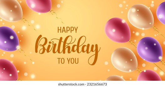 Diseño de fondo vectorial de saludo de cumpleaños. Feliz cumpleaños a tu texto con globos coloridos voladores y elementos de luces de bokeh en el fondo amarillo para los mensajes del día de nacimiento. Ilustración vectorial.
