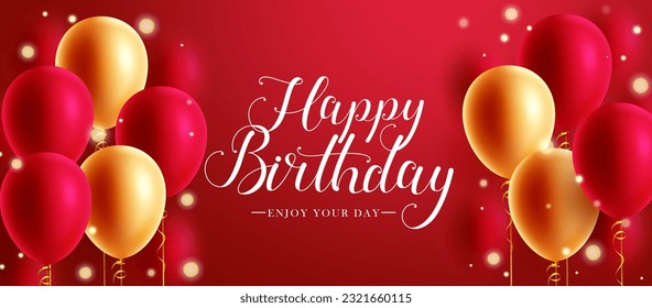 Birthday greeting vector background design. Happy birthday text in red space with elegant floating balloons element for birth day party celebration. Vector illustration.
