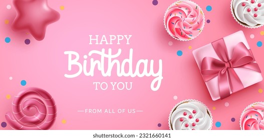 Birthday greeting vector background design. Happy birthday text in pink background with cute cup cakes and gift elements for birth day messages. Vector illustration.
