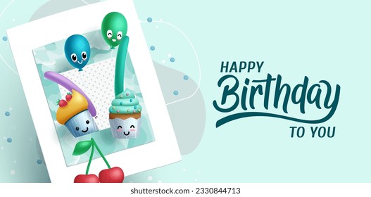 Birthday greeting vector background design. Happy birthday text with cup cake and balloon characters in polaroid element for cute birth day party. Vector illustration.
