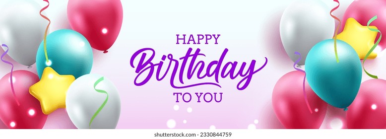 Birthday greeting vector background design. Happy birthday to you text with colorful balloon and confetti celebration elements for birth day party messages. Vector illustration.
