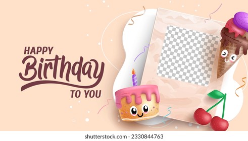 Birthday greeting vector background design. Happy birthday text with characters of cake, ice cream and polaroid elements for birth day messages. Vector illustration.
