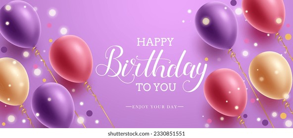 Birthday greeting vector background design. Happy birthday to you text with colorful flying balloons element in purple space for birth day messages. Vector illustration.
