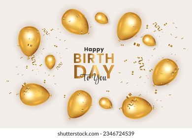 Birthday greeting vector background design. Happy birthday typography text with elegant gold black balloons and golden confetti for birth day celebration card. Vector illustration