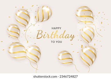 Birthday greeting vector background design. Happy birthday typography text with elegant gold black balloons and golden confetti for birth day celebration card. Vector illustration