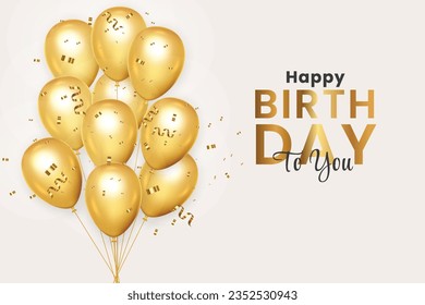 Birthday greeting vector background design. Happy birthday typography text with elegant gold black balloons and golden confetti for birth day celebration card