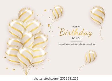 Geburtstag Gruß Vektorhintergrund Design. Herzlichen Glückwunsch zum Geburtstag Typografie-Text mit eleganten goldenen schwarzen Ballons und goldenen Konfetti zum Geburtstag. Vektorgrafik.