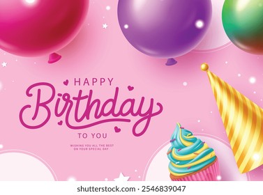 Birthday greeting vector background design. Happy birthday greeting text with colorful balloons, cup cake and party hat decoration elements in pink background. Vector illustration invitation card 