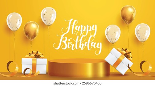 Birthday greeting vector background design. Happy birthday typography text with gold podium, balloons and gifts elements for elegant birthday. Vector illustration.
