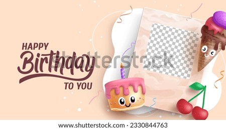 Birthday greeting vector background design. Happy birthday text with characters of cake, ice cream and polaroid elements for birth day messages. Vector illustration.
