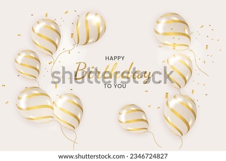 Birthday greeting vector background design. Happy birthday typography text with elegant gold black balloons and golden confetti for birth day celebration card. Vector illustration