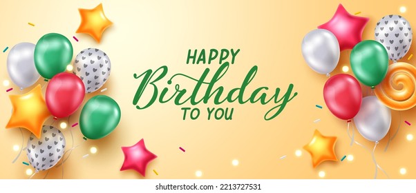 Birthday greeting vector banner design. Happy birthday text with balloon bunch and bokeh lights in yellow background for birth day celebration. Vector illustration.
