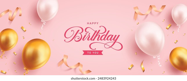 Birthday greeting vector banner design. Happy birthday greeting text with metallic gold white balloons and confetti elements in pink background for birthday party celebration. Vector illustration 