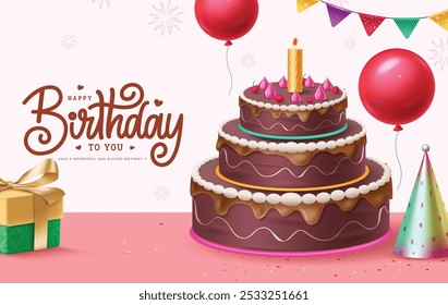 Birthday greeting vector banner design. Happy birthday cake chocolate flavor with festive decoration elements for kids surprise party. Vector illustration birthday greeting postcard design. 
