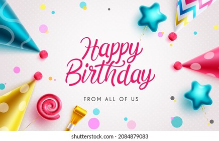 Birthday greeting vector design. Happy birthday to you text with colorful shape balloons and pattern hats element in blue background for birth day party decoration. Vector illustration.
