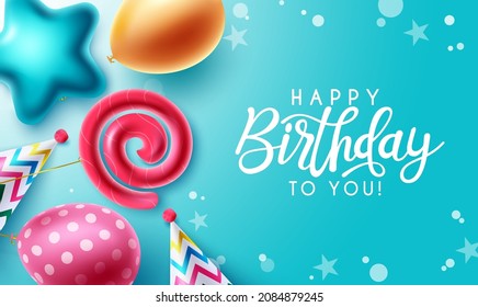 Birthday greeting vector design. Happy birthday to you text with colorful shape balloons and pattern hats element in blue background for birth day party decoration. Vector illustration.
