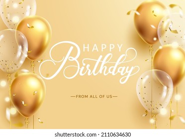 Birthday greeting vector design. Happy birthday text in golden background with gold balloons and confetti elements for elegant birth day celebration decoration. Vector illustration.
