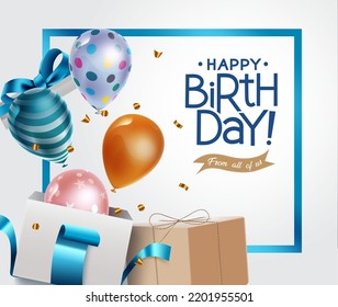 Birthday greeting vector design. Happy birthday text with balloons, gifts and confetti elements in frame for birth day surprise messages. Vector illustration.
