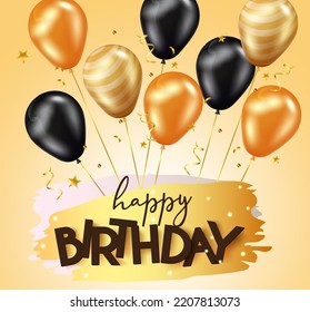Birthday greeting vector design. Happy birthday text in brush stroke with balloon bunch in gold and black colors for golden birth day decoration concept. Vector illustration.
