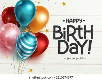 Birthday greeting vector design. Happy birthday text with balloon bunch party element in colorful and pattern design for birth day celebration messages. Vector illustration.
