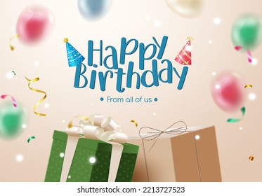 Birthday greeting vector design. Happy birthday to you text with gifts, balloons and confetti elements for birth day celebration card. Vector illustration.
