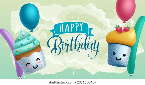 Birthday greeting vector design. Happy birthday text with cup cake cartoon characters and balloons in abstract background for cute kids birth day messages. Vector illustration.
