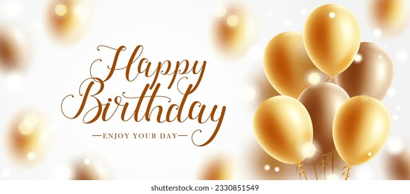 Birthday greeting vector design. Happy birthday text in elegant gold space with golden floating balloon bunch for birth day party occasion messages. Vector illustration.
