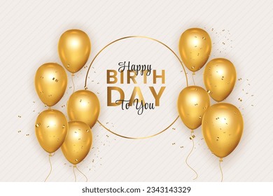 Birthday greeting vector design. Happy birthday text in golden background with gold balloons and confetti elements for elegant birth day celebration decoration. Vector illustration