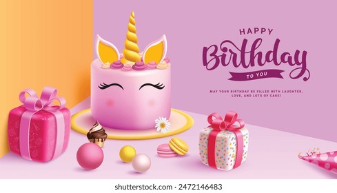 Birthday greeting vector design. Happy birthday greeting text with cute unicorn cake theme and gift boxes elements for girl invitation card concept. Vector illustration birthday invitation card. 
