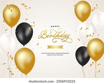 Geburtstag Gruß Vektor Design. Glückwunsch zum Geburtstag Grußtext mit elegantem schwimmendem Gold und schwarzen Ballons für Geburtstag Feier Hintergrund. Elegantes Bannerdesign in Vektorgrafik.