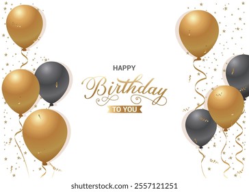 Birthday greeting vector design. Happy birthday greeting text with elegant floating gold and black balloons for birth day celebration background. Vector illustration elegant banner design.