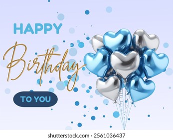 
Birthday greeting vector design. Happy birthday greeting text with elegant floating blue and white balloons for birth day celebration background. Vector illustration elegant banner design.