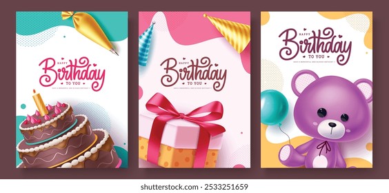 Birthday greeting vector poster design. Happy birthday greeting text with chocolate cake, gift box, teddy bear and colorful pattern elements for invitation card collection. Vector illustration