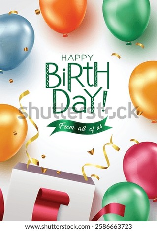 Birthday greeting vector poster design. Happy birthday text in white background with colorful balloons and surprise gift element for birthday messages. Vector illustration.
