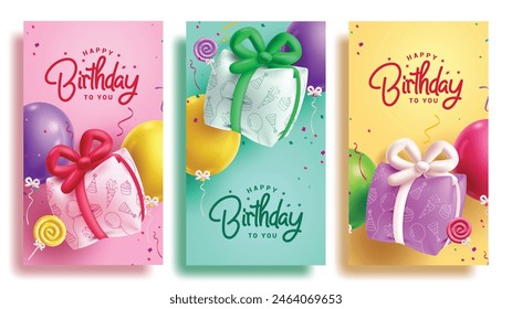 Birthday greeting vector poster set design. Happy birthday greeting text with gift inflatable and colorful balloons party elements for invitation card collection. Vector illustration birthday greeting