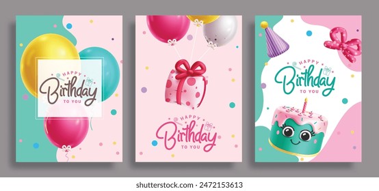 Birthday greeting vector poster set design. Happy birthday text in simple elegant template collection for party invitation card background. Vector illustration birthday greeting design. 
