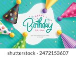 Birthday greeting vector template design. Happy birthday greeting text with party hat colorful inflatable balloons in green pattern background. Vector illustration birthday card template.  
