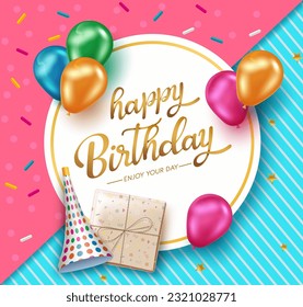 Birthday greeting vector template design. Happy birthday text in circle space with colorful balloons and gift in pattern background for birth day messages. Vector illustration.