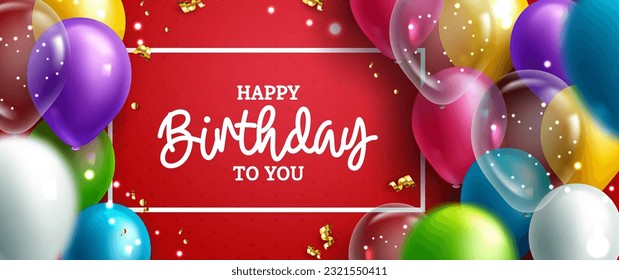 Birthday greeting vector template design. Happy birthday text in red space with floating balloons and frame decoration elements for birth day party. Vector illustration.
