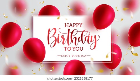 Birthday greeting vector template design. Happy birthday text in white board with floating red balloons and confetti elements for birth day party messages. Vector illustration.
