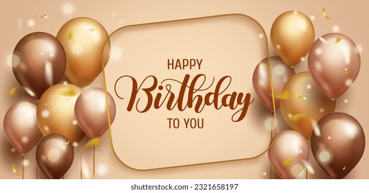 Birthday greeting vector template design. Happy birthday text with elegant gold balloons, frame and confetti elements for golden birth day celebration. Vector illustration.
