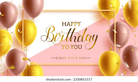 Birthday greeting vector template design. Happy birthday to you text in gold frame with floating balloon colors and confetti elements for birth day celebration. Vector illustration.
