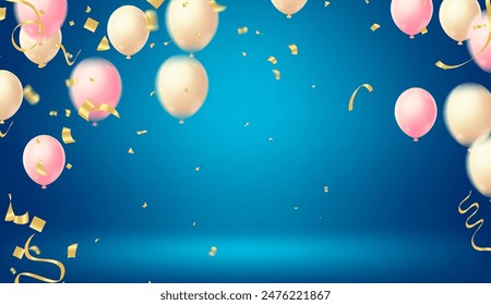 Birthday greeting vector template design. Happy birthday text in white board space with flying  balloons and confetti element. round 3d air balloons. illustration