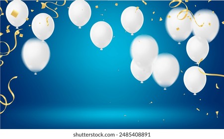 Birthday greeting vector template design. Happy birthday text in white board space with flying  balloons and confetti element. round 3d air balloons. illustration
