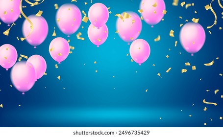 Birthday greeting vector template design. Happy birthday text in white board space with flying  balloons and confetti element. round 3d air balloons. illustration