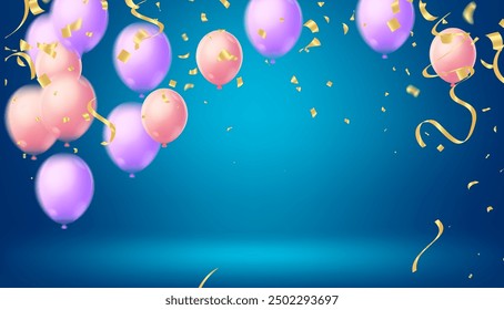 Saludo de cumpleaños diseño de Plantilla de Vector. Texto de feliz cumpleaños en el espacio de la pizarra blanca con globos voladores y elemento de confeti. globos de aire redondos en 3D. ilustración