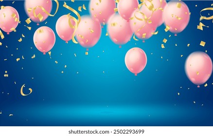 Birthday greeting vector template design. Happy birthday text in white board space with flying  balloons and confetti element. round 3d air balloons. illustration