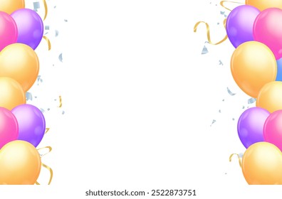 Geburtstag Gruß Vektor Vorlage Design. Glücklicher Geburtstagstext im weißen Brettbereich mit fliegenden Ballons und Konfetti-Element. runde 3D-Luftballons