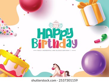 Birthday greeting vector template design. Happy birthday greeting text in empty space abstract background with birthday party decoration elements. Vector illustration invitation card template design.
